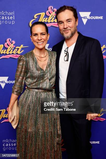 Michala Banas and Toby Truslove attend opening night of & Juliet at the Regent Theatre on March 09, 2023 in Melbourne, Australia.