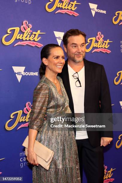 Michala Banas and Toby Truslove attend opening night of & Juliet at the Regent Theatre on March 09, 2023 in Melbourne, Australia.