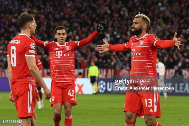 Eric Maxim Choupo-Moting of FC Bayern Munich celebrates with teammate Leon Goretzka after scoring the team's first goal during the UEFA Champions...