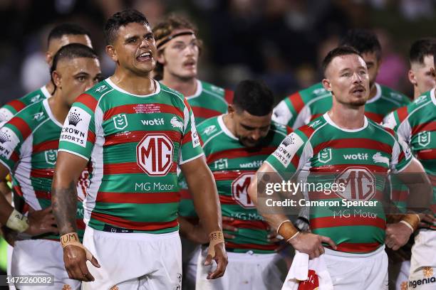Latrell Mitchell of the Rabbitohs reacts after the Rabbitohs conceded a try during the round two NRL match between the Penrith Panthers and the South...