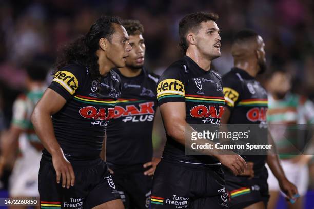Jarome Luai and Nathan Cleary of the Panthers of the Panthers celebrate after a try by team mate Izack Tago of the Panthers during the round two NRL...