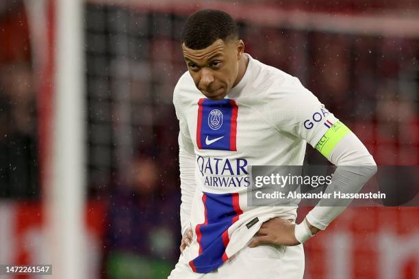 Kylian Mbappe of Paris Saint-Germain looks on during the UEFA Champions League round of 16 leg two match between FC Bayern München and Paris...