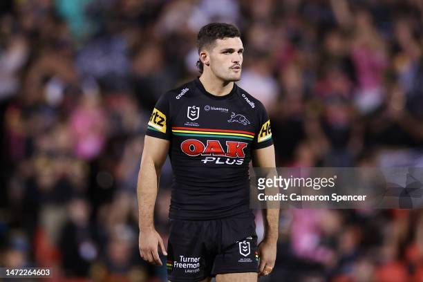 Nathan Cleary of the Panthers looks on during the round two NRL match between the Penrith Panthers and the South Sydney Rabbitohs at BlueBet Stadium...