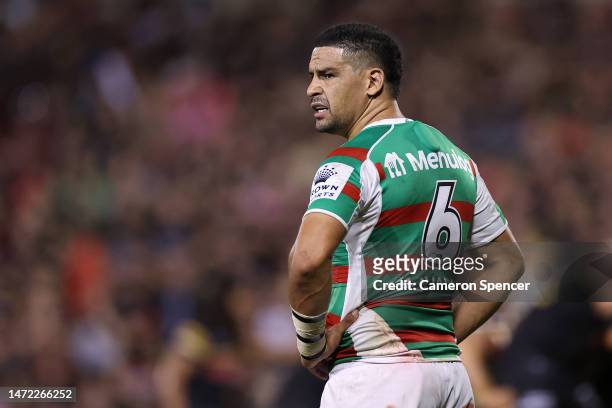 Cody Walker of the Rabbitohs looks on during the round two NRL match between the Penrith Panthers and the South Sydney Rabbitohs at BlueBet Stadium...