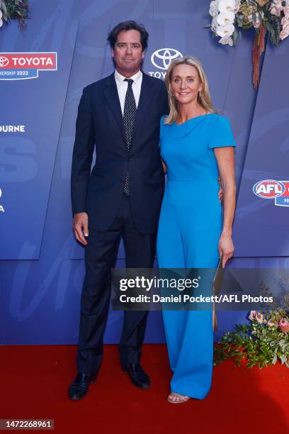 Gillon McLachlan and Laura Blythe arrive during the 2023 Toyota AFL Premiership Season Launch at Malthouse Theatre on March 09, 2023 in Melbourne,...