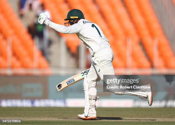 Usman Khawaja of Australia celebrates after scoring his century during day one of the Fourth Test match in the series between India and Australia at...