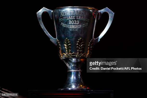 The 2023 Toyota AFL Premiership Cup is seen during the 2023 Toyota AFL Premiership Season Launch at Malthouse Theatre on March 09, 2023 in Melbourne,...