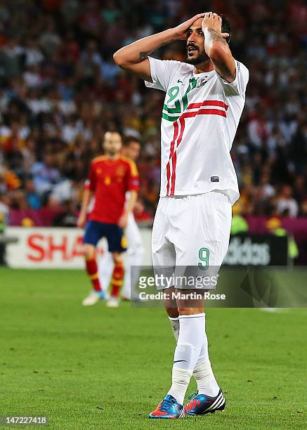 Hugo Almeida of Portugal reacts during the UEFA EURO 2012 semi final match between Portugal and Spain at Donbass Arena on June 27, 2012 in Donetsk,...