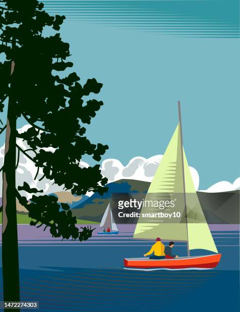 bildbanksillustrationer, clip art samt tecknat material och ikoner med lake scene with sailing boats - fritidsbåt
