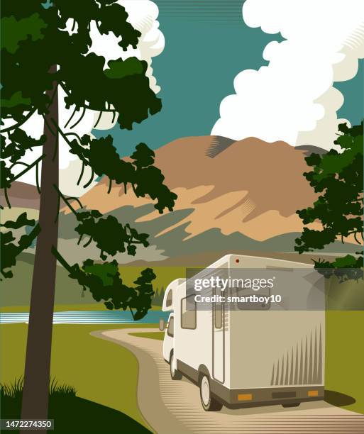 countryside scene with campervan - hedge stock illustrations