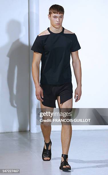 Model displays creations by Japanese-Italian designer Nicola Formichetti and collection designer Sebastien Teigne for the label Mugler during the...