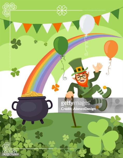 st. patrick's day poster. leprechaun and a pot of gold. leprechaun dancing. - boot vector stock illustrations