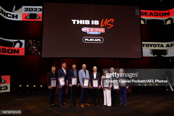 Life Membership inductees pose during the 2023 Toyota AFL Premiership Season Launch at Malthouse Theatre on March 09, 2023 in Melbourne, Australia.