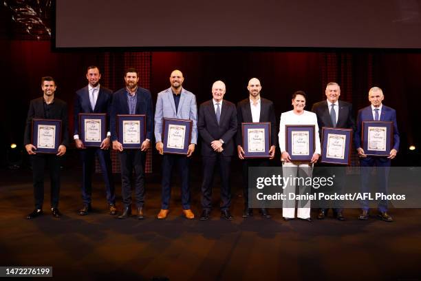 Life Membership inductees pose with Chairman of the AFL Commission Richard Goyder during the 2023 Toyota AFL Premiership Season Launch at Malthouse...