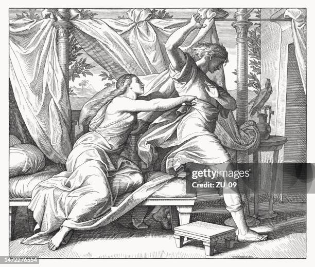 joseph resists potiphar’s wife (genesis 39), wood engraving, published in 1860 - joseph and the potiphars wife stock illustrations