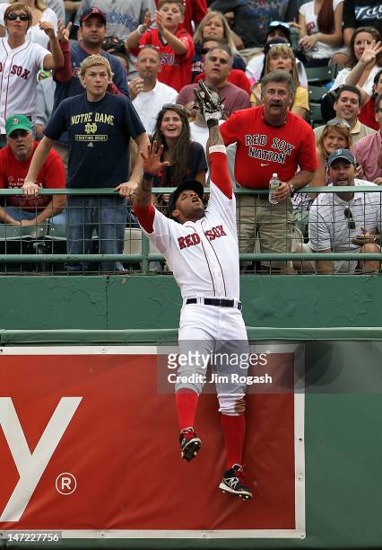 Darnell McDonald of the Boston Red Sox leaps to make a catch from a ball hit by Kelly Johnson of the Toronto Blue Jays in the ninth inning at Fenway...