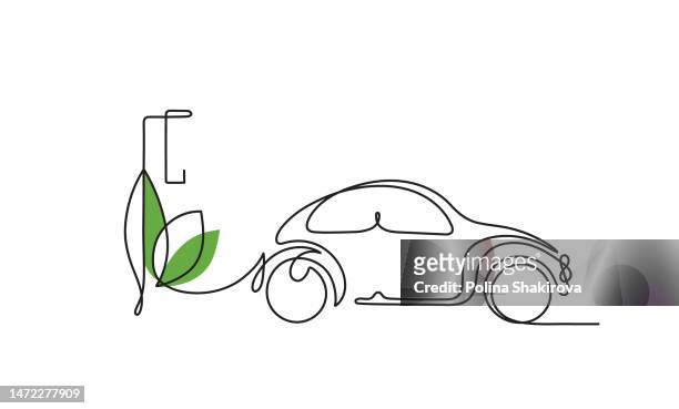 bildbanksillustrationer, clip art samt tecknat material och ikoner med concept of green energy.  continuous line drawing of electric charging station - car outline