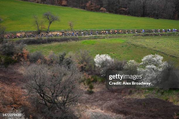 General view of the peloton competing during the 81st Paris - Nice 2023, Stage 5 a 212.4km stage from Saint-Symphorien-sur-Coise to...