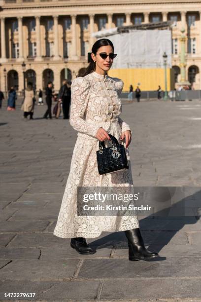 Bettina Looney wears all Dior on February 28, 2023 in Paris, France.