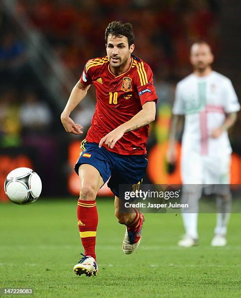 Cesc Fabregas of Spain in action during the UEFA EURO 2012 semi final match between Portugal and Spain at Donbass Arena on June 27, 2012 in Donetsk,...