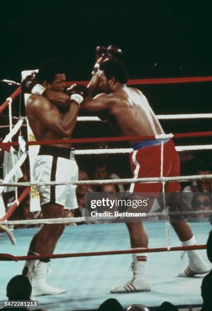 Heavyweight champion George Foreman and challenger Muhammad Ali compete in the 'Rumble in the Jungle' World Heavyweight Title fight in Kinshasa,...