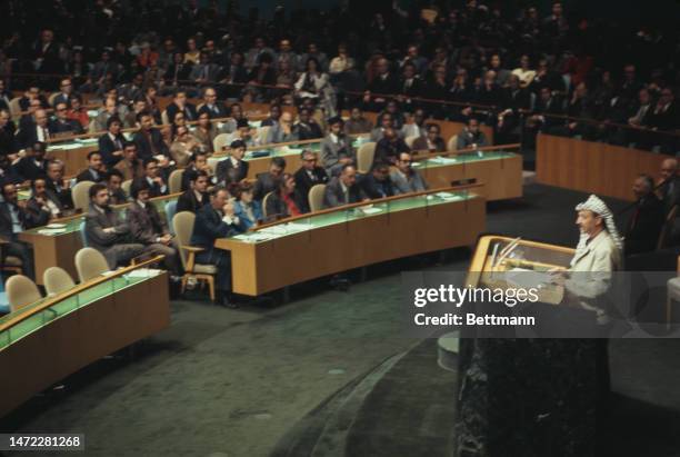 Palestinian political leader Yasser Arafat addresses the United Nations General Assembly in New York on November 13th, 1974.
