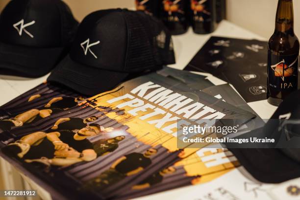 Merchandise of the “Kimnata Grethen” band prepared for sale during the charity concert on March 3, 2023 in Dnipro, Ukraine. The concert of the band...