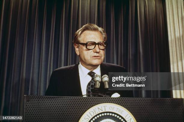 New US Vice President Nelson Rockefeller delivers his acceptance speech at the White House in Washington on August 20th, 1974.