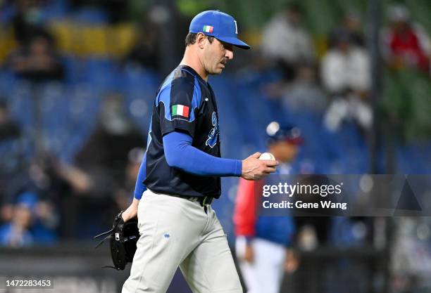 Matt Harvey of Team Italy reacts when pitching at the bottom of the 3rd inning during the World Baseball Classic Pool A game between Italy and Cuba...