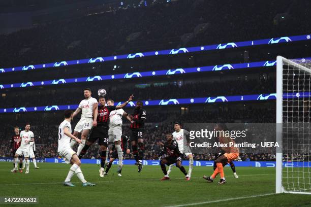 Clement Lenglet of Tottenham and Malick Thiaw of AC Milan battle to win a header from a corner during the UEFA Champions League round of 16 leg two...