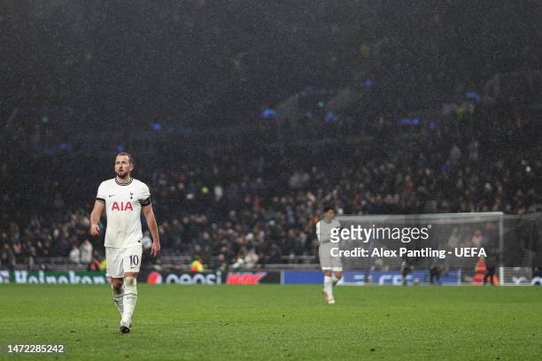 Harry Kane of Tottenham hotspur walks back to the dressing room at full-time during the UEFA Champions League round of 16 leg two match between...