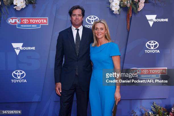 Gillon McLachlan and Laura Blythe arrive during the 2023 Toyota AFL Premiership Season Launch at Malthouse Theatre on March 09, 2023 in Melbourne,...