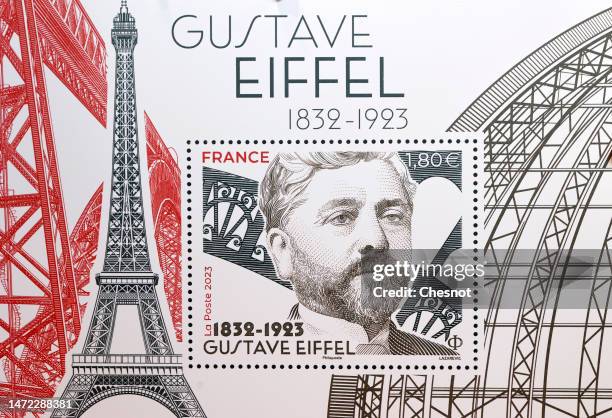 Drawing representing a stamp bearing the effigy of Gustave Eiffel on the occasion of the centenary of his death is displayed at the Eiffel Tower on...