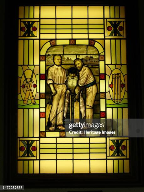 Old Trafford Cricket Ground, Pavilion, Talbot Road, Old Trafford, Trafford, Manchester, 2004. A stained glass window in the Long Room of the pavilion...