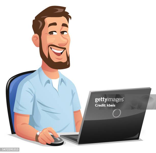 mann mit bart mit laptop - guy in front of computer cartoon stock-grafiken, -clipart, -cartoons und -symbole