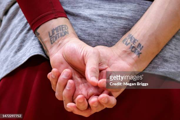 Detailed view of the tattoos of Danny Green of the Cleveland Cavaliers during a game against the Miami Heat at Miami-Dade Arena on March 08, 2023 in...