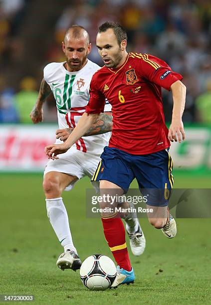 Andres Iniesta of Spain in action during the UEFA EURO 2012 semi final match between Portugal and Spain at Donbass Arena on June 27, 2012 in Donetsk,...