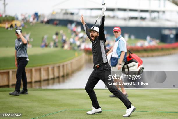 Hayden Buckley of the United States reacts on the 17th green during the first round of THE PLAYERS Championship on THE PLAYERS Stadium Course at TPC...