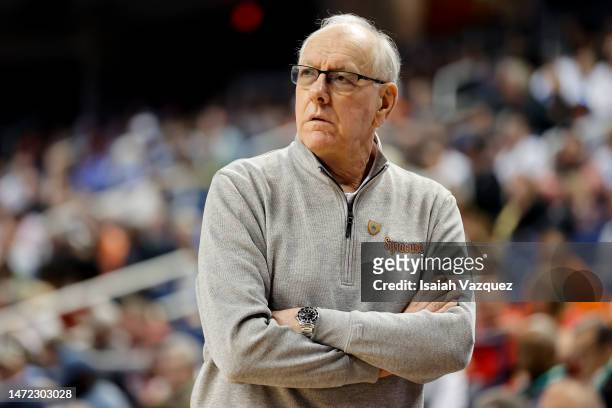 Head coach Jim Boeheim of the Syracuse Orange looks on during the second half against the Wake Forest Demon Deacons at Greensboro Coliseum Complex on...