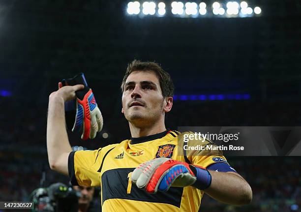 Iker Casillas of Spain celebrates during the UEFA EURO 2012 semi final match between Portugal and Spain at Donbass Arena on June 27, 2012 in Donetsk,...