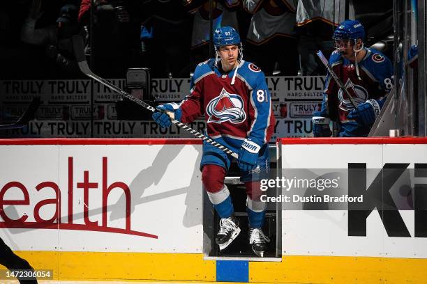 Denis Malgin of the Colorado Avalanche skates onto the ice before a game against the San Jose Sharks at Ball Arena on March 7, 2023 in Denver,...