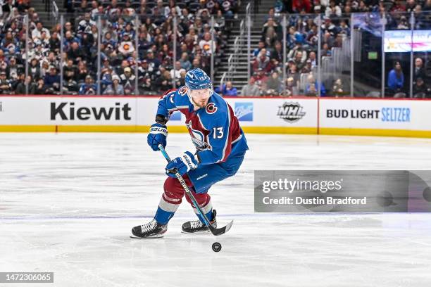 Valeri Nichushkin of the Colorado Avalanche skates against the San Jose Sharks in a game at Ball Arena on March 7, 2023 in Denver, Colorado.