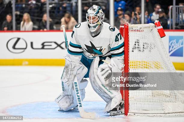 James Reimer of the San Jose Sharks stands in the net in a game against the Colorado Avalanche at Ball Arena on March 7, 2023 in Denver, Colorado.