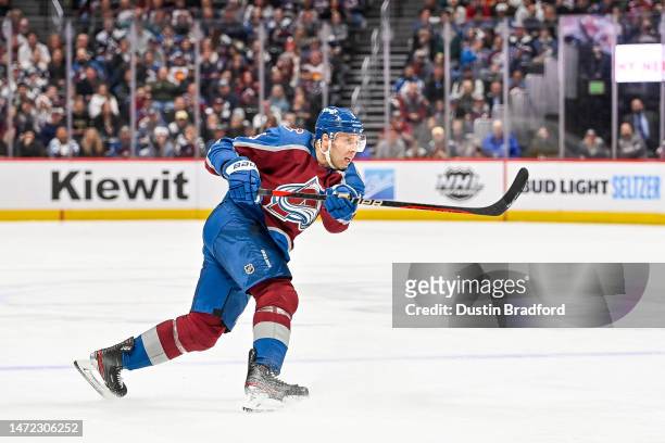 Jack Johnson of the Colorado Avalanche shoots against the San Jose Sharks in a game at Ball Arena on March 7, 2023 in Denver, Colorado.