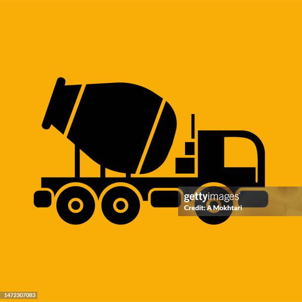 mixer-lkw-symbol auf dem orangefarbenen hintergrund. - zementmischfahrzeug stock-grafiken, -clipart, -cartoons und -symbole