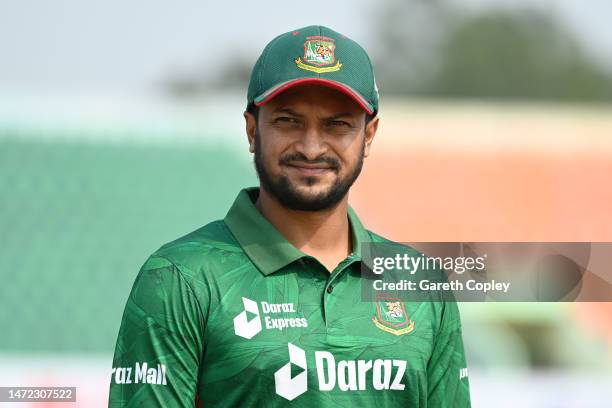 Shakib Al Hasan of Bangladesh during the 1st T20 International between Bangladesh and England at Zahur Ahmed Chowdhury Stadium on March 09, 2023 in...