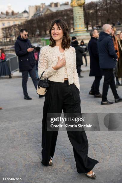 Jeanne Damas wears all Dior on February 28, 2023 in Paris, France.