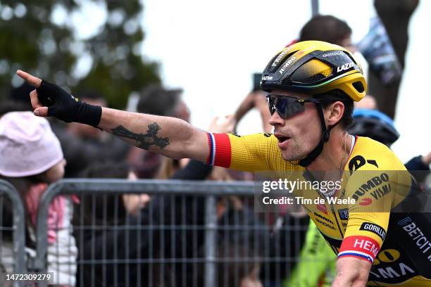 Primoz Roglic of Slovenia and Team Jumbo - Visma celebrates at finish line as stage winner during the 58th Tirreno-Adriatico 2023, Stage 4 a 218km...