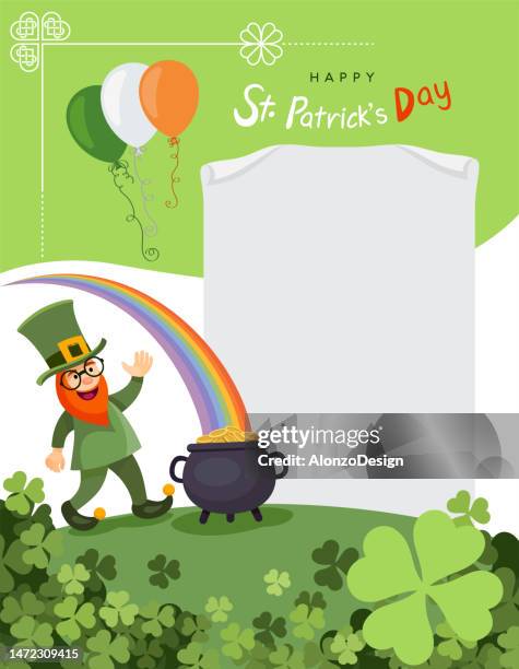 saint patrick's day celebration. vector irish lucky holiday design for poster. paper sign. party flyer illustration with clover. - gold shoe stock illustrations