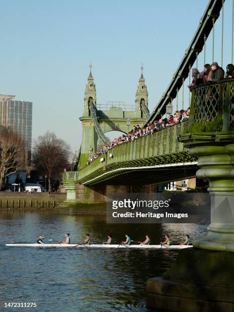 Hammersmith Bridge, Hammersmith and Fulham, Greater London Authority, 2011. Rowers competing in the 2011 Women's Eights Head of the River Race,...
